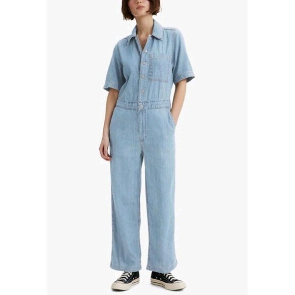 Levi's Women's XL Short Sleeve Heritage Jumpsuit Overall Coverall Acid Wash Blue - Picture 1 of 5